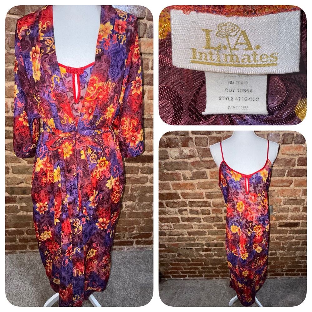 LOVELY -Vintage LA Intimates womens Robe & Gown Set Red Purple Floral Sheer M/L